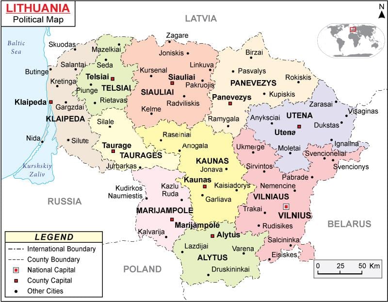 Քարտեզ Լիտվայի քաղաքական
