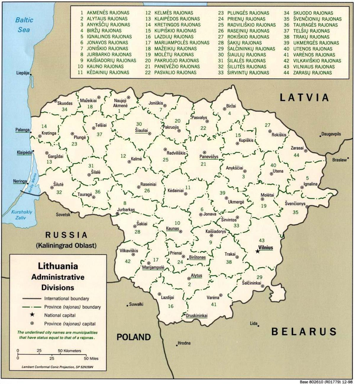 Քարտեզ քարտեզ Լիտվայի քաղաքների հետ